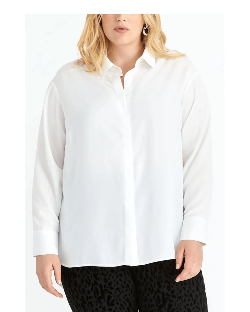 Front of a model wearing a size 0X Rachel Roy Women's Plus Najila Blouse Split Neck Collared White Size 0X in White by Rachel Roy. | dia_product_style_image_id:311502